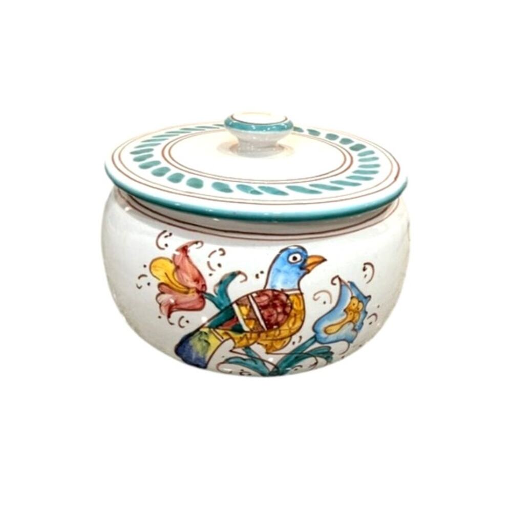 Vintage Italian Maiolica Hand Painted Bird Covered Jar